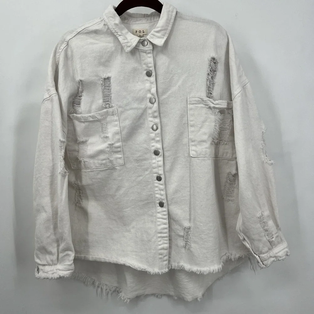 Women's Oversized Pol Thrashed White Denim‎ Jacket Sz L Grunge Punk Emo Fringe
